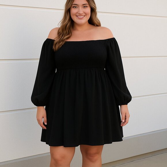 Plus Size Shein Curve Black Shirred Square Neck Dress Flounce Sleeve Size 4X 20 - Picture 4 of 17